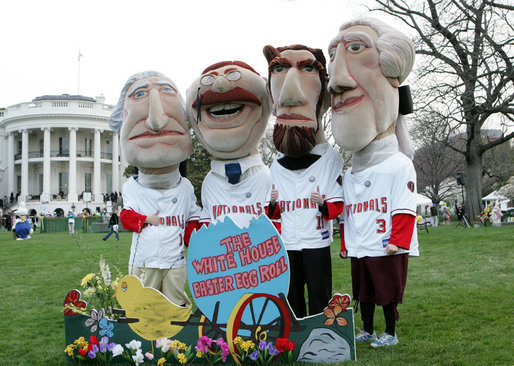 The Presidential character mascots of the Washington Nationals baseball  team, Thomas Jefferson, Teddy Roosevelt, Abraham Lincoln
