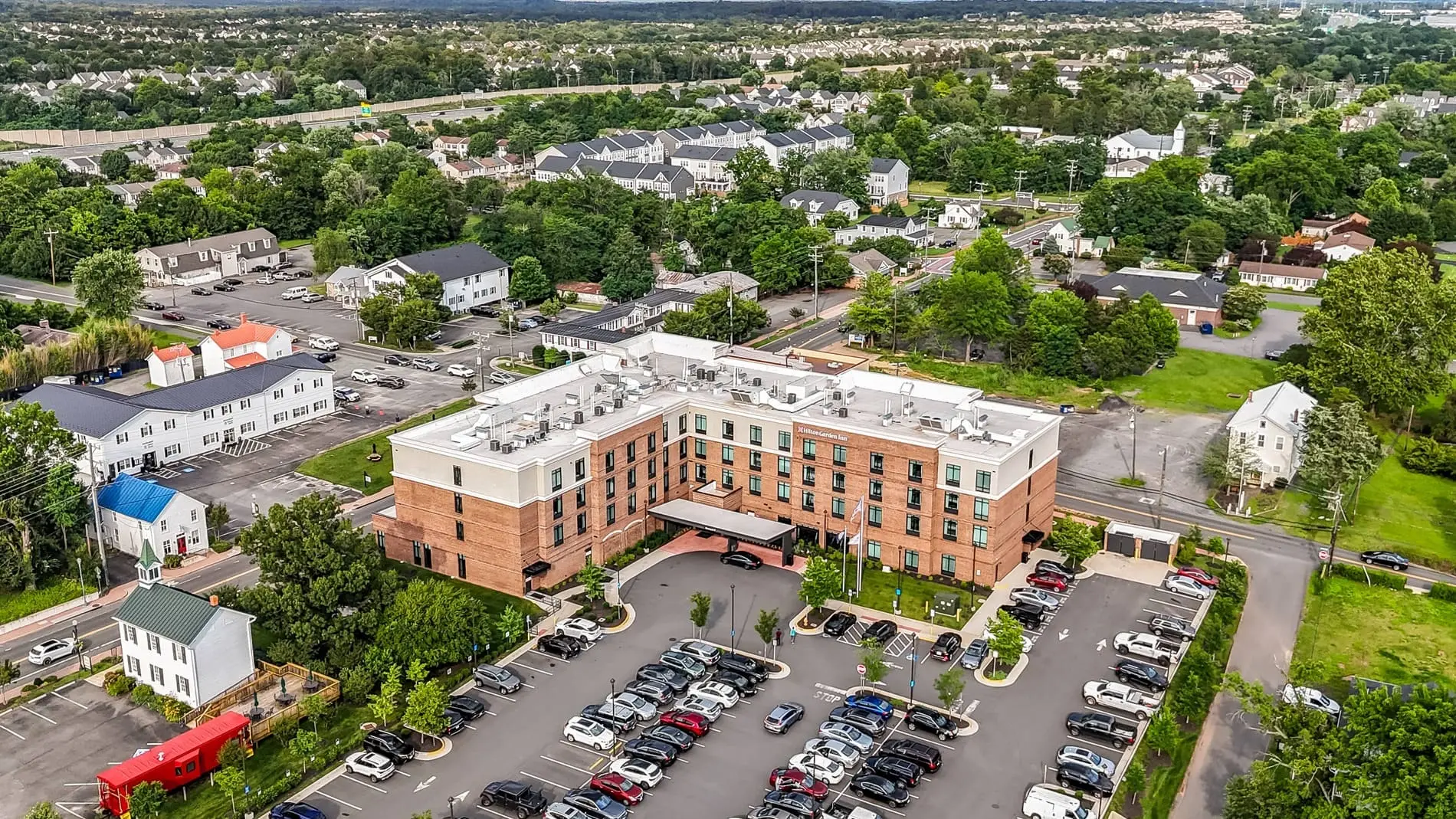 An aerial image of a commercial district in downtown Haymarket, VA