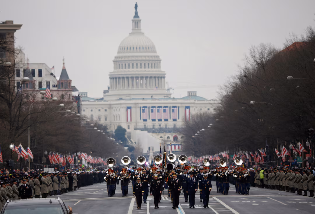 U.S. Army tanks and soldiers marching in Washington D.C. during the 250th anniversary parade