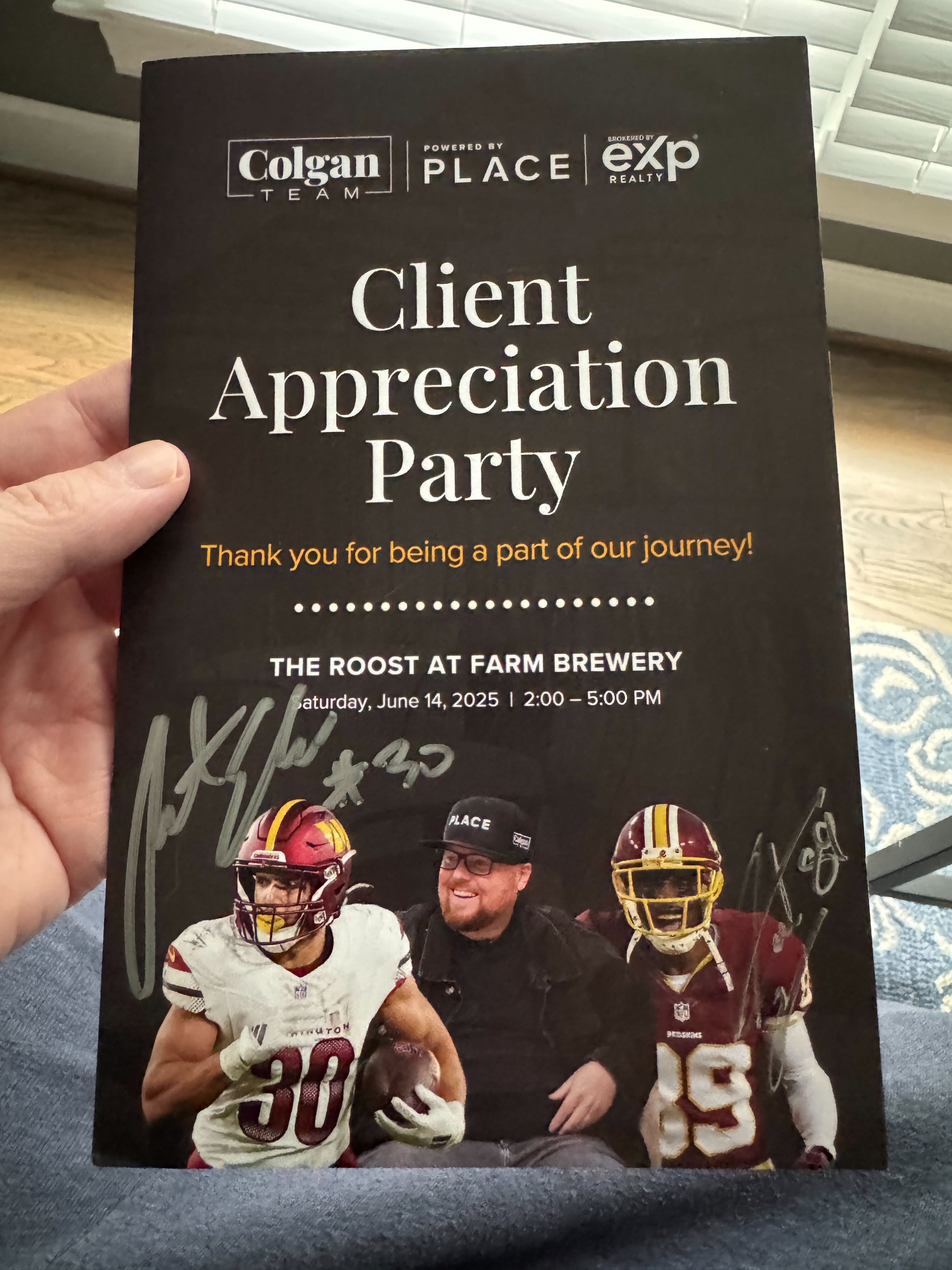 A flyer for the Colgan Team - Place - eXp Realty Client Appreciation Party, held at The Roost at Farm Brewery, featuring autographs from Washington Commanders football players.