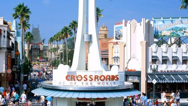 The Crossroads of the World kiosk at Disney-MGM Studios, the real-world inspiration for the entrance of Disney's America.