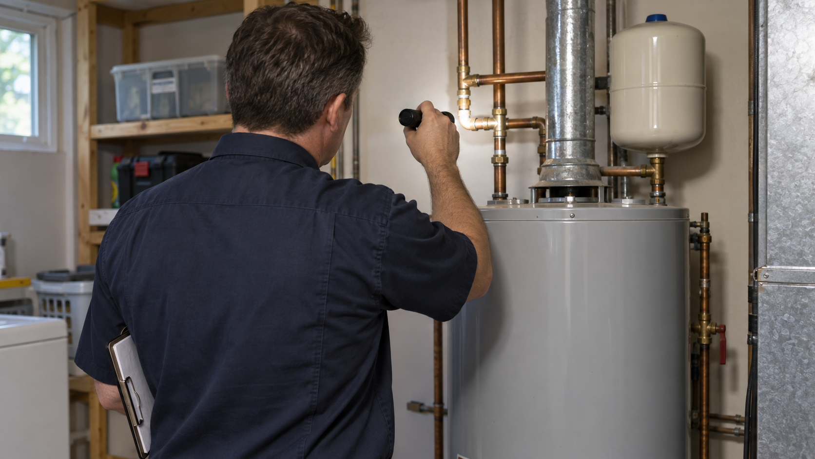 AI-generated illustration of a home inspector examining plumbing beside a water heater.