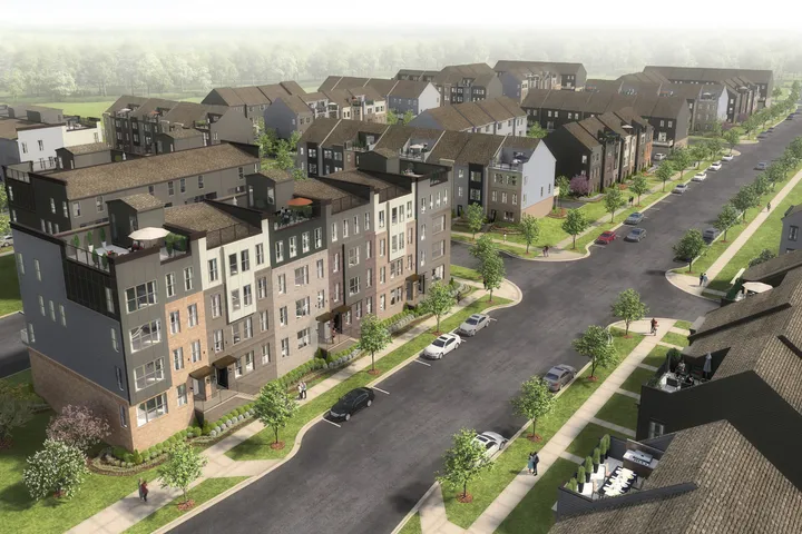 A rendering of the community dog park amenity at Innovation Town Center in Manassas, VA, with residents and their dogs playing in a fenced-in green space.