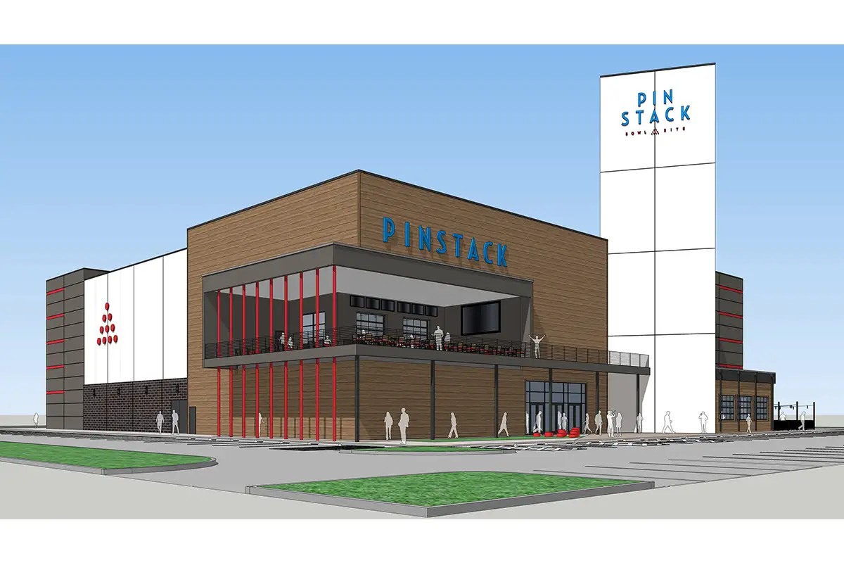 Architectural rendering of the new PINSTACK entertainment complex set to open in Kincora, Loudoun County, showing its modern design and second-floor patio.