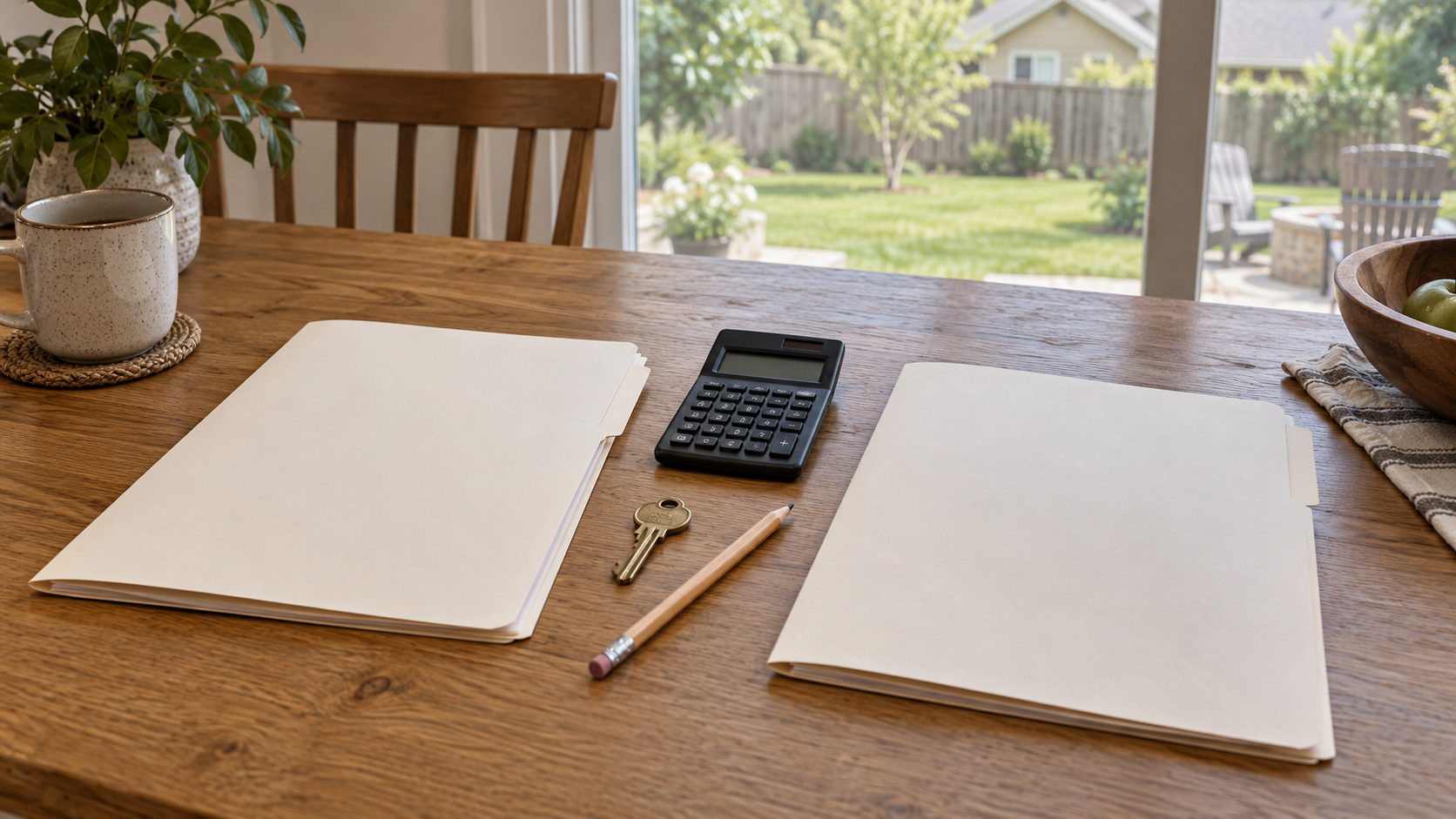 AI-generated illustration of two offer folders beside a calculator and house key.
