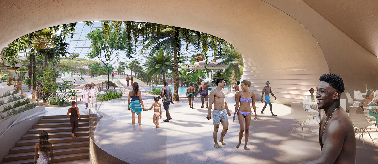 Conceptual rendering of Therme DC's bright interior, showing diverse visitors exploring pathways, stairs, and pool areas amidst lush tropical plants under a glass ceiling.