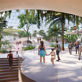 Artist rendering of Therme DC's lush tropical interior, showing visitors walking near pools and botanical gardens under a glass roof.